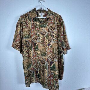 Vintage 90s Silk Uomo by Nak Mens XL Button-Up Shirt Abstract Geometric Pattern